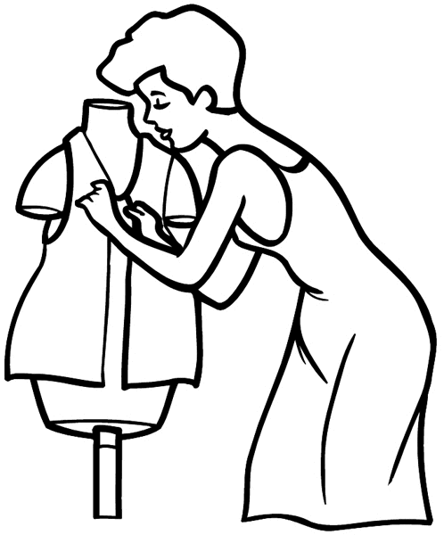 Seamstress fitting a vest vinyl sticker. Customize on line. Hobbies 062-0109